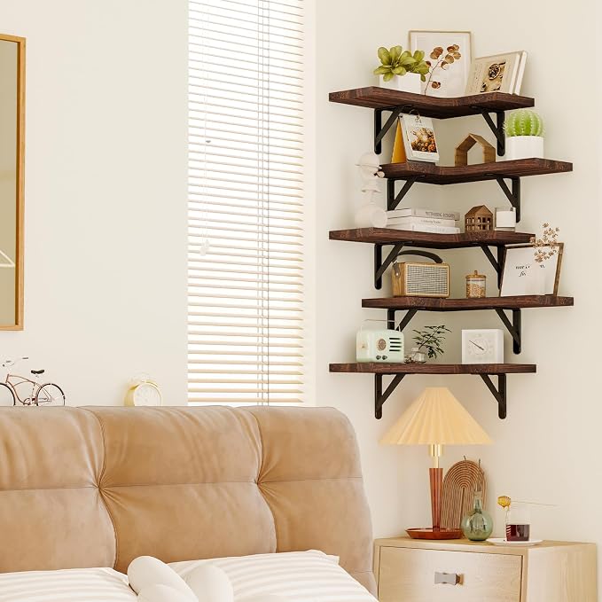 Fixwal Conner Shelves Wall Mounted for Decor, Walnut Brown Set of 5 - Image 6