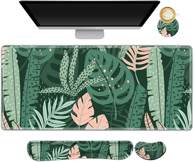AIMSA Large Gaming Mouse Pad Set, Keyboard Wrist Rest Support Mouse Pad, Ergonomic Memory Foam Multifunctional Extended Desk Mat 35x15.7in Anti-Slip Rubber Base for Office Home, Pink Green Leaves by AIMSA