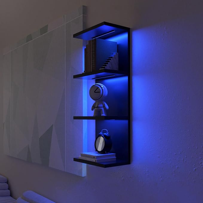 VIWODS 4-Tier Wall Shelf Unit with Lights, Black - Image 4
