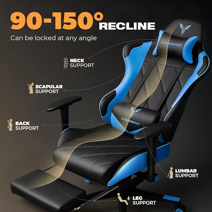Gaming Chair with Footrest, Ergonomic High-Back PU Leather Computer Chair with 3D Adjustable Armrests, Headrest and Lumbar Support, Office Desk Chair with Diamond Stitching for Adults & Teen - Image 5