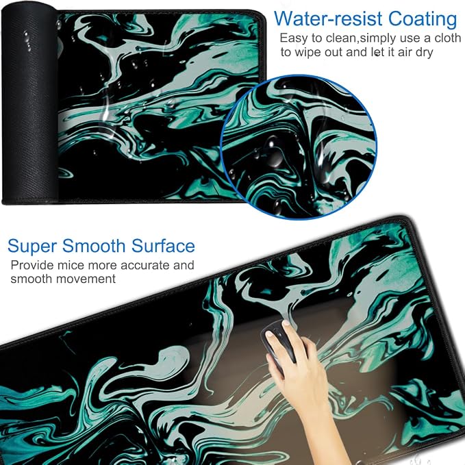 Large Mouse Pad, 31.5x15.7 inch Large Extended Computer Keyboard Mouse Mat, Water Resist Non-Slip Mousepad Rubber Base Long XXL Desk Mouse Pad for Gaming, Office & Home, Marble Cyan - Image 3
