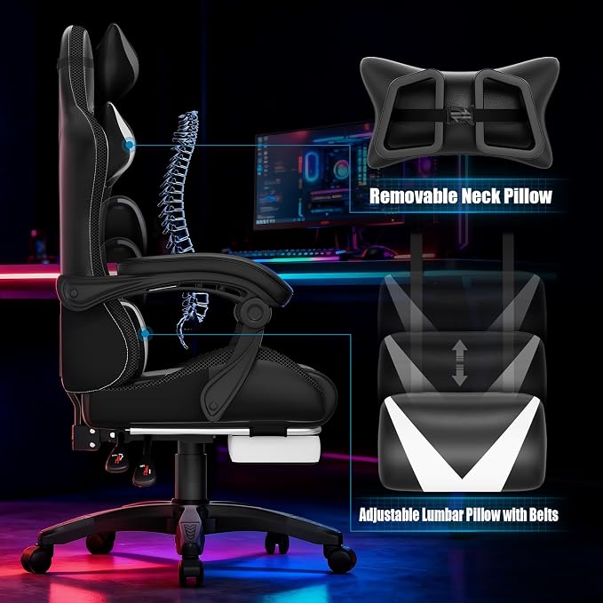 Czlolo Gaming Chair, Racing Style RGB LED Lights Gaming Chairs for Adults and Kids, Lumbar Massager Gamer Chair, High Back Reclining Computer Chair with Footrest and Headrest (Black/White) - Image 7