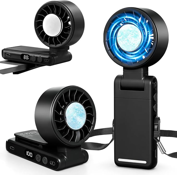 Handheld Portable Turbo Fan with Ice Cooling,5 Speed Rechargeable LED Display Foldable Hand Held Personal Clip/Neck/Waist Fan,180°& 360° Adjustable,Pocket Mini Fan for Outdoor/Home/Office (Black) by Ciaien