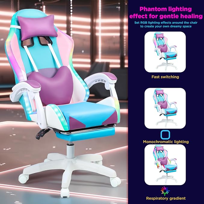 Gaming Chair with Lights, Ergonomic High-Back Office Chair with 360° Swivel & Adjustable Recline, Racing Style Faux Leather Computer Chair for Game Room, Home & Office - Image 4