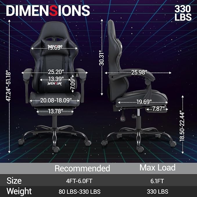 Gaming Chair with Footrest for Adults, PU Leather Massage Racing Video Game Chair with Lumbar Support for Men Women, Ergonomic Computer Chair for Home Office, Height Adjustable, Black - Image 3