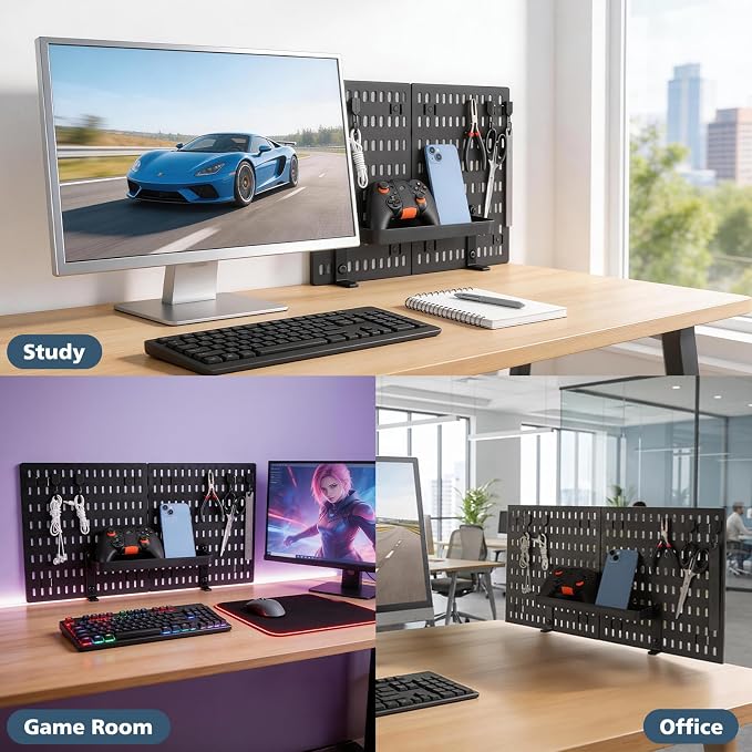 Gaming Desk Organizer Clamp-on Pegboard No Drill Storage | clamp-on desk pegboard organizer, no drill installation, 23x12 inch panel, hooks and tray, headphone controller - Image 8
