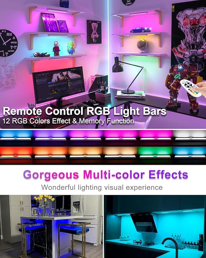 Under Cabinet Lights Wireless, 58-LED Rechargeable Motion Sensor Closet Lights with Remote Control, RGB Color Changing Under Counter Lights for Kitchen, Pantry, Bedroom, Stairs, 4 Pack - Image 2
