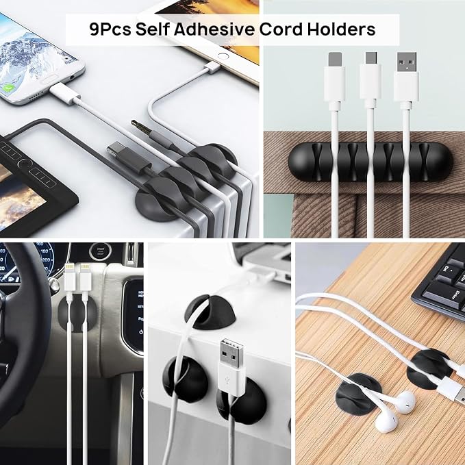 Cable Management Kit - 4 Cable Sleeve, 57 Self Adhesive Cable Clips, 12 Hanging Strips, 12 Cable Organizer Straps and 100 Fastening Cable Ties for TV Computer Under Desk (Black and White) - Image 3