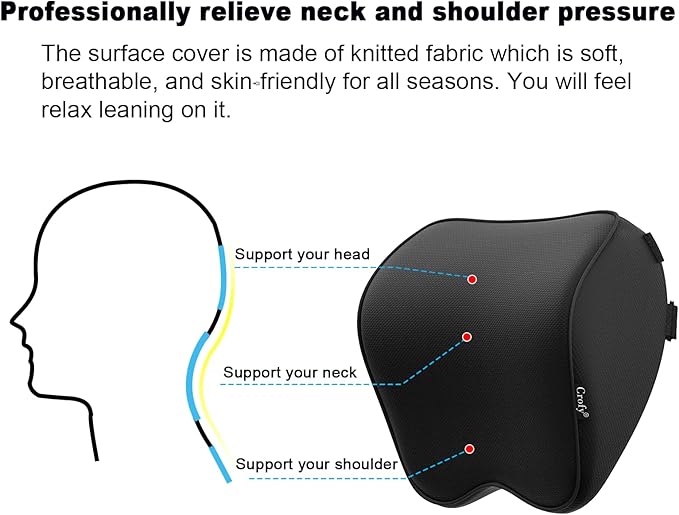 Crofy 2-Pack Car Neck Pillow, Headrest Pillow with Adjustable Strap, Black | Soft Memory Foam; Ergonomic Design Fits Most Car & Office Chairs; Breathable Removable Pillow Cover Is Machine Washable - Image 6