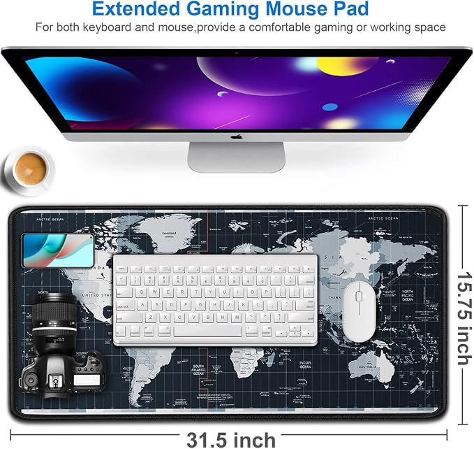 Large Gaming Mouse Pad with Stitched Edges, 31.5x15.7 in Extended Computer Keyboard Mouse Mat, Water Resist Non-Slip Mousepad Rubber Base Long XXL Desk Mousepad for Work & Gaming, Home, Map - Image 2