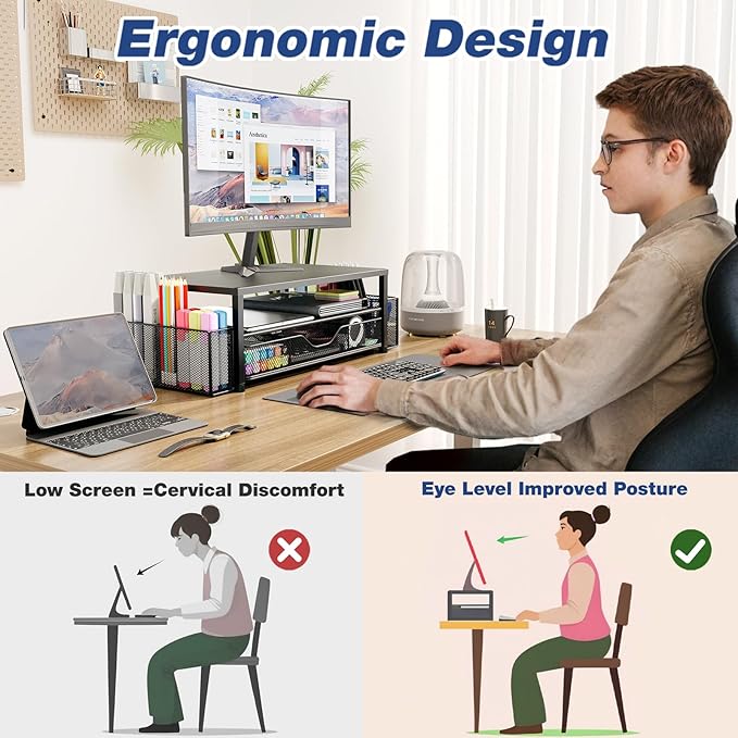 OPNICE Desk Organizers and Accessories, Computer Monitor Stand Riser with Drawer and 2 Pen Holders, Printer & Laptop Stand, Office Desk Accessories & Workspace Organizers for Home Office Supplies, Blue - Image 6