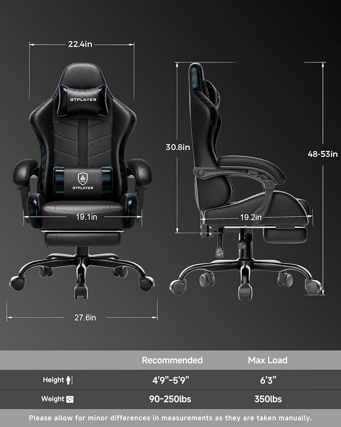 GTPLAYER Gaming Chair, Computer Game Chair for Adults, Colorful Black | Ergonomic Comfort Video Game Chair with Footrest 90-155°Recline, Head Lumbar Support & Height Adjustable for Office Gaming - Image 3