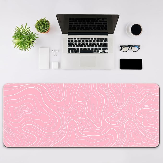 DIGSOM Gaming Mouse Pad, Pink with White Topographic Line, 31.5x11.8in | XL Mouse mat, Smooth surface, Anti-slip rubber base, For keyboard and mouse, For home and office use - Image 3