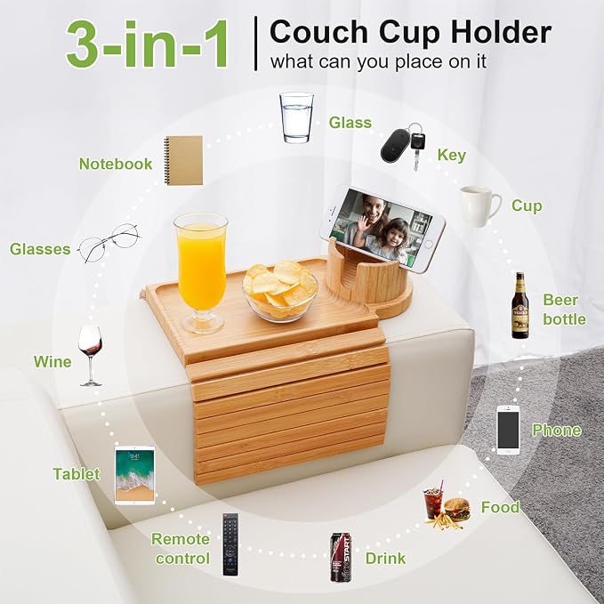 Couch Cup Holder - 3 in 1 Sofa Arm Tray with 360° Rotating Cup Holder & Phone Stand,Arm Chair Rest Table Fits Various of Large Width Couches Armrest,Anti-Slip Foldable Couch Tray for Drinks - Image 6
