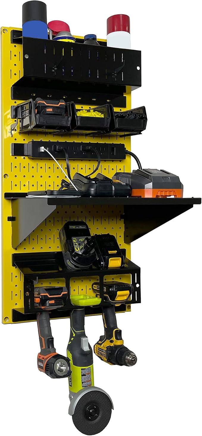 Wall Control Power Tool Storage Organizer Kit Cordless Drill Holder Charging Station Rack 16” x 32” Metal Pegboard Organization System (Yellow Pegboard) - Image 3