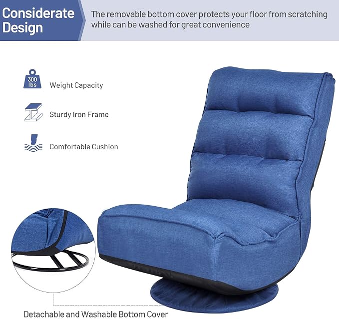 GIANTEX 360 Degree Swivel Gaming Chair, 6 Position Adjustable (Blue) | Folding Floor Chair, 300lb Spring Support, Comfortable Padded Backrest, Lazy Sofa Chair Game Rocker for Teens Adults - Image 5