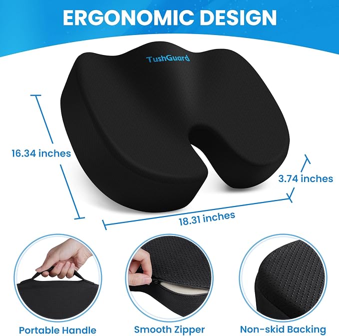 TushGuard Memory Foam Seat Cushion for Office Chair, Car Seat, Black, XL | Office Chair Cushion for Car, Airplane - Chair Pad for Long Sitting Sciatica, Hip, Coccyx,Tailbone Pain Relief, Butt Pillow - Image 2