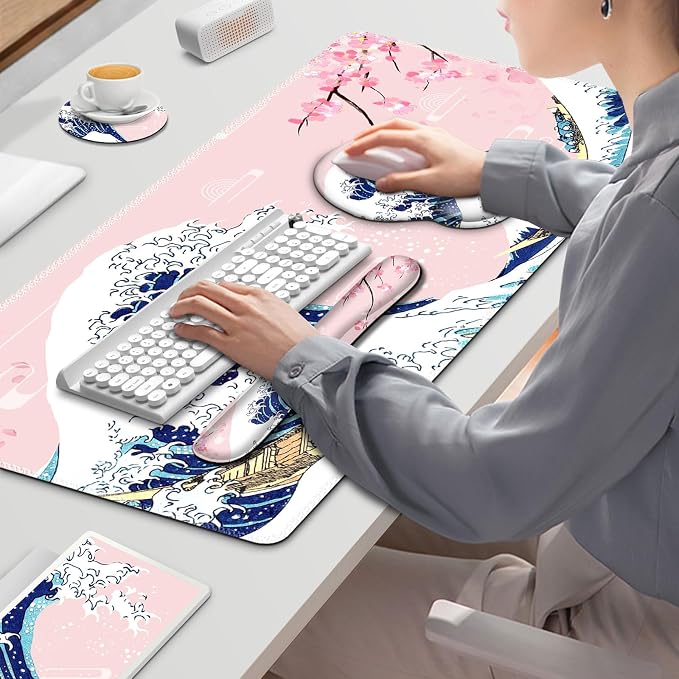Gaming Mouse Pad, Large Desk Mat, Cute Desk Pad Protector, Pink Cherry Blossoms XXL Mousepad + Keyboard Wrist Rest+Mouse Wrist Rest+Coaster Set with Ergonomic Desk Pad, Japanese Wave of Kanagawa - Image 9