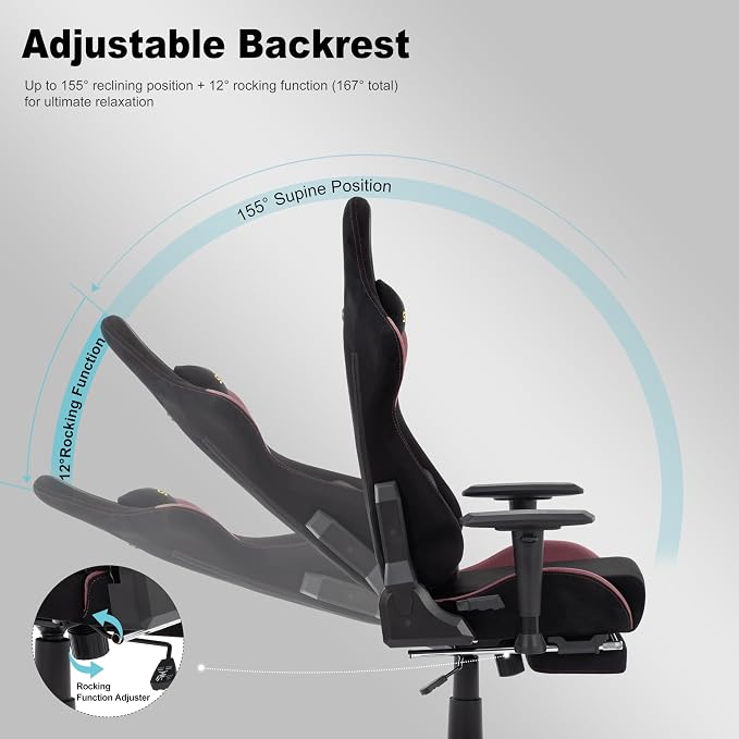Symino Gaming Chair, High Back Ergonomic Office Chair with 2D Adjustable Armrests, 150° Recline, Breathable Faux Suede, Adjustable Headrest & Footrest for Home Office - Image 5