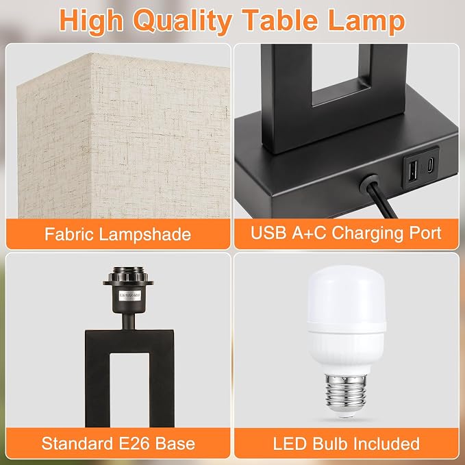 Seealle 22" Tall Living Room Lamps for Night Stands - Touch Bedside Lamp with USB C+A, 3 Way Dimmable Bedroom Lamps for End Tables Set of 2, Modern Night Stand Lamps for Bed Side(Cream&Black) - Image 5