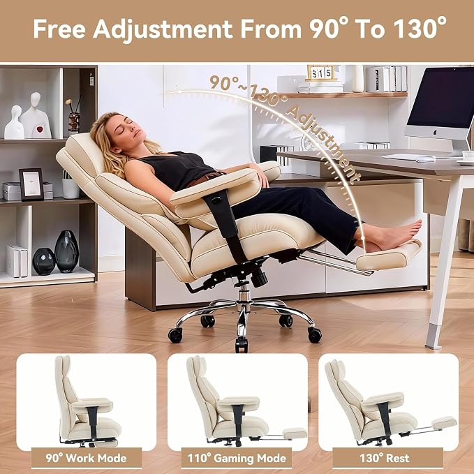 Efomao Executive Office Chair, Beige Fabric Big and Tall Desk Chair | Breathable fabric, pocket spring & foam seat, retractable footrest, 135° recline for computer gaming setup - Image 5