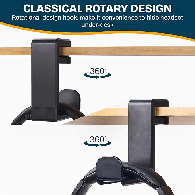 Headphone Stand for Desk - Clamp-On Headset Holder with 360° Rotating Hook | Universal fit, built-in cable management, space-saving clamp design, sturdy support for gaming, office & studio headsets - Image 9