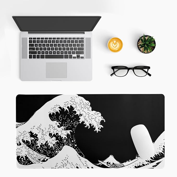 Japanese Sea Wave Large Mouse Pad, Abstract Black Gaming Mousepad, Extended Kanagawa Mat Desk Pad, 3mm Thick Long Non-Slip Rubber Base Mice Pad for Office and Home, 27.6x11.8 Inch - Image 3