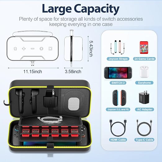 OIVO Carrying Case Compatible with 2025 Nintendo Switch, Portable Switch 2 Travel Carry Case Fit for Joy-Con 2 & Adapter, Hard Shell Protective Pouch Bag with 24 Game Slots, Yellow - Image 4