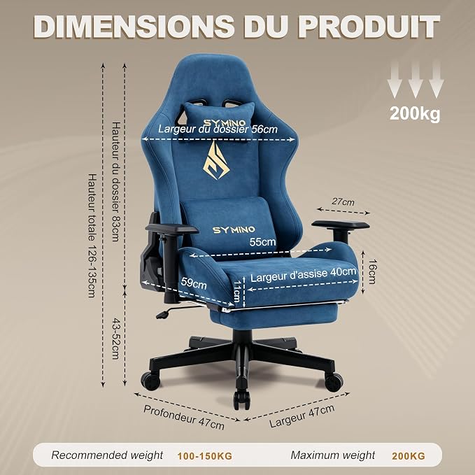 Symino Gaming Chair, High Back Ergonomic Office Chair with 2D Adjustable Armrests, 150° Recline, Breathable Faux Suede, Adjustable Headrest & Footrest for Home Office - Image 3