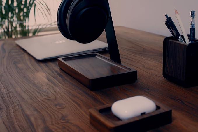 Walnut Headphone Stand, Wood Headset Holder for Desk with Storage | Wooden Gaming Headset Stand for AirPods Max/Bose/Razer/Sennheiser, American Black Walnut & Aluminum, Vintage Gift for Men - Image 8