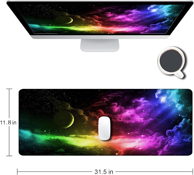 Mouse Pad Gaming, Large Mouse Pads for Desk, Keyboard Mouse Mat Desk Pad, Non-Slip Rubber Base with Stitched Edges Mousepad, 31.5x11.8in Colorful Galaxy - Image 2
