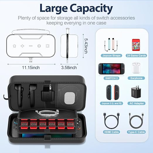 OIVO Carrying Case Compatible with 2025 Nintendo Switch2, Portable Switch Travel Carry Case Fit for Joy-Con & Adapter Hard Shell Protective Pouch Bag with 24 Game Slots, Black For N DS Cases & Storage - Image 4