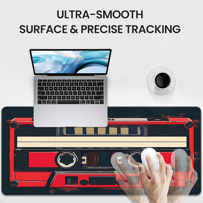 Retro Cassette Tape Design Mouse Pad, 35.4 x 15.7 Inches Gaming Desk Mat with Non-Slip Base for Home Office School Business - Image 3