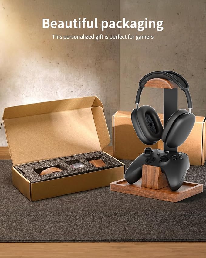 Headphone Stand and Controller Holder, 2-in-1 Walnut Wood Gaming Desk Organizer Compatible with Controllers, Display Mount for AirPods Max, Bose, Sennheiser, Gift for Gamers - Image 9