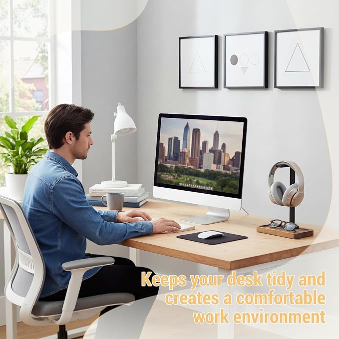 Wood Headphone Stand, Walnut Headset Stand for Desk, Universal Headphone Holder with Storage Base for Gaming, Music Headsets(Light Brown) - Image 7