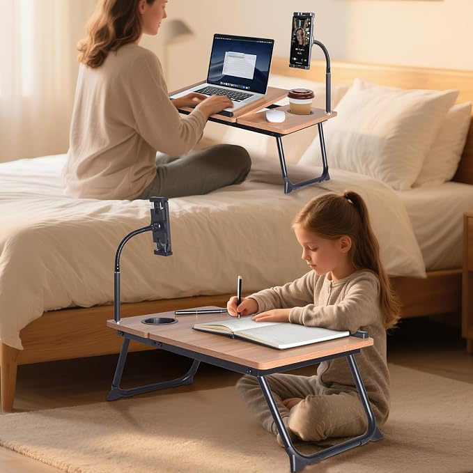 wishacc Lap Desk for Bed, Laptop Desk with Adjustable Tablet Stand, Sturdy Metal Frame Bed Desk, Foldable Laptop Bed Tray Table for Adults Couch Sofa, Portable Lap Desk for Laptop & Phone Slot - Image 2