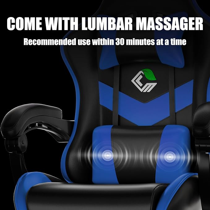 Czlolo Gaming Chair with Footrest Racing Style Lumbar Support Massager Video Game Chair with Metal Legs, High Back Gamer Chair with Headrest, 360° Swivel Office Computer Desk Chair, Navy Blue - Image 7