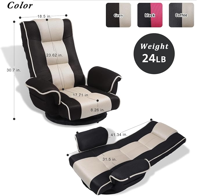 360° Swivel Floor Chair with Armrests, 14-Position Adjustable Floor Lounger for Adults, Foldable Reclining Chair for Living Room & Bedroom - Image 2