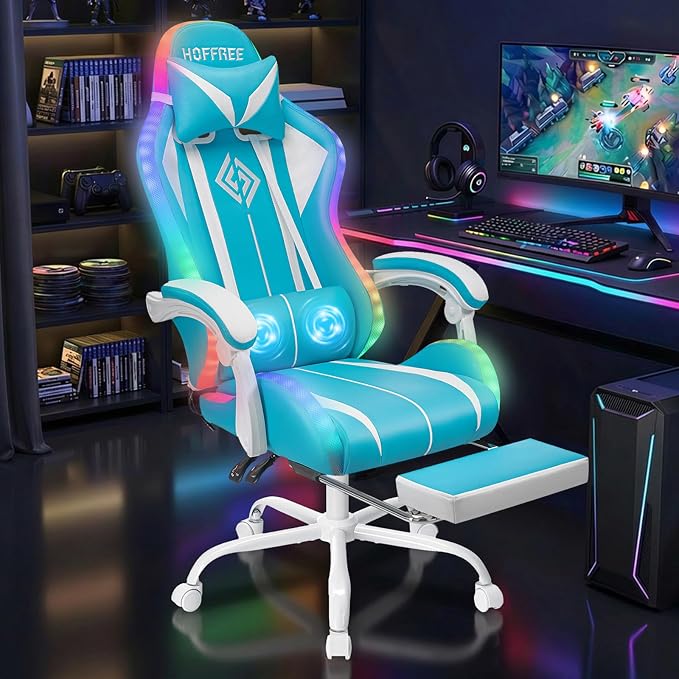 RGB Gaming Chair with LED Lights Massage Ergonomic Computer Chair-Sky Blue | High Back Video Game Chair with Footrest & Adjustable Lumbar Support Gamer Chairs for Adults Racing Style Recline - Image 3