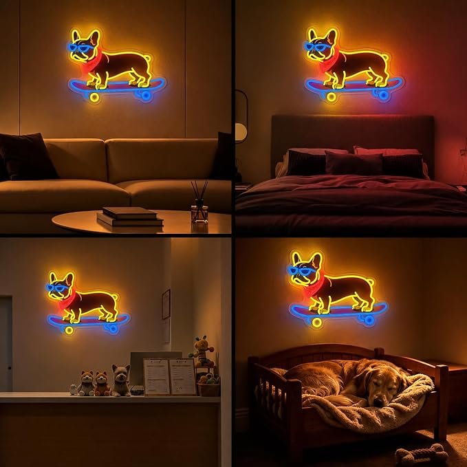 French Bulldog Skateboarding Neon Sign, Skateboard Dog Frenchie Wearing Glasses Neon Signs | Dimmable LED Bulldog Wall Art Decor | Frenchie Dog Lover Gifts - Image 7