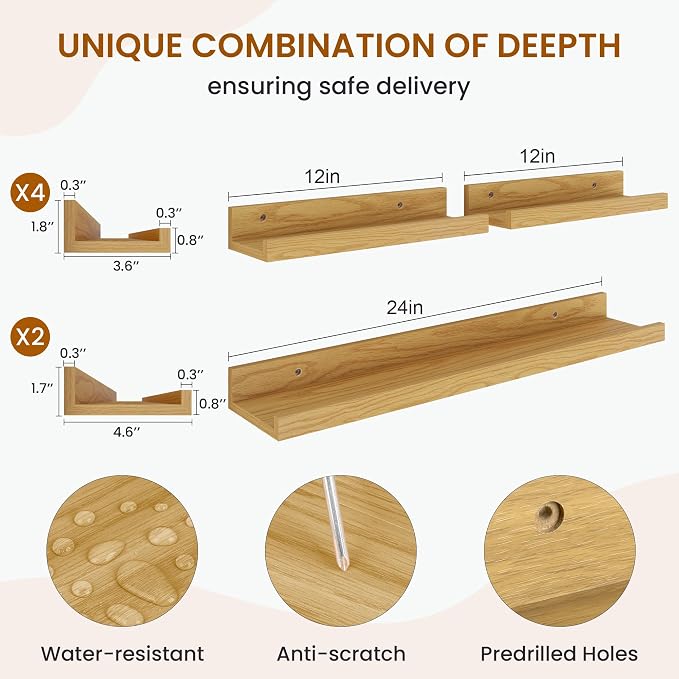 Picture Ledge Shelf, Floating Shelves for Wall Decor, Oak, Set of 6, 24'' - Image 3