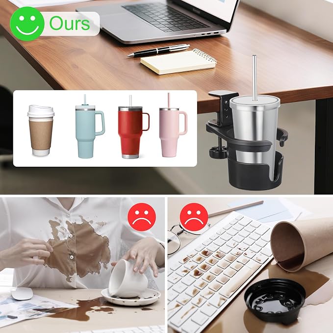 Desk Cup Holder Clamp, Anti-Spill Clip On Table Cup Holder Rotatable - Image 6
