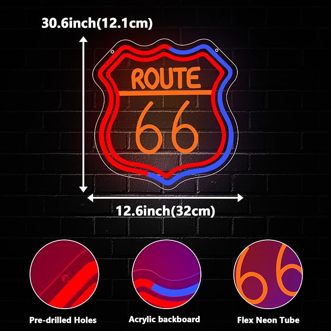 Route 66 Neon Sign, Route 66 Led Neon Light Signs Light up Sign for Wall Decor Home Bedroom Bar Man Cave Party Decorations Birthday Gift Dimmable USB Powered(12.6" × 12.1") - Image 3