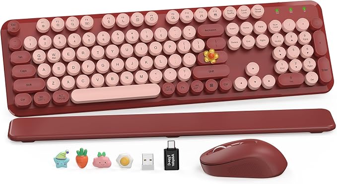 Wireless Keyboard and Mouse Combo, Wine Red Retro Typewriter Style Keyboard with Round Keycaps and Magnetic Wrist Rest, 2.4GHz Wireless for Mac, Windows PC, Laptop, Home Office, School, SABLUTE CK23 by SABLUTE