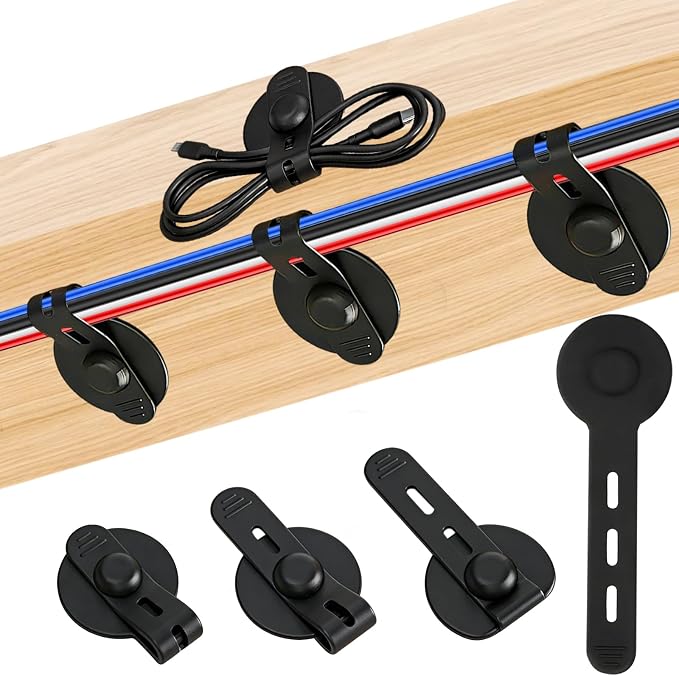 12Pcs Silicone Cable Straps, Self Adhesive Cable Management Under Desk, Reusable Cable Clip, Wire Organizers for Cords, Cord Holder for Home, Kitchen, Office, Bedroom, Car (Black) by Unknown