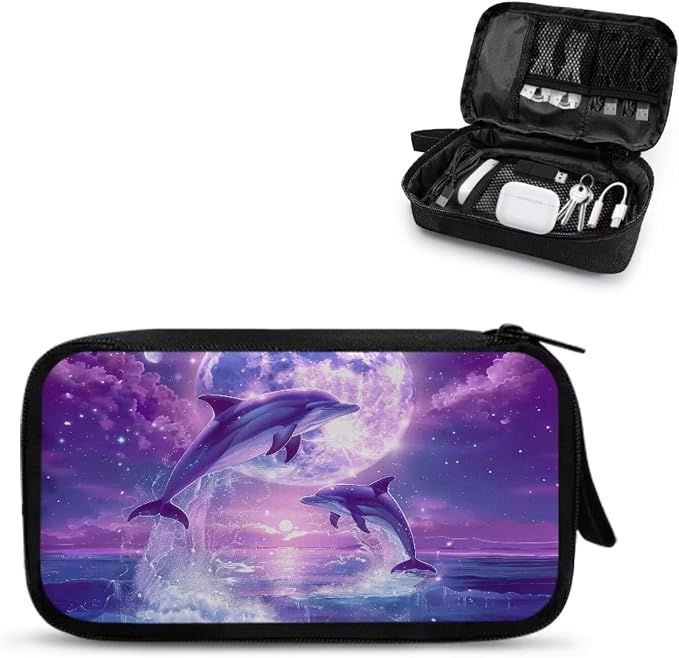 Purple Moonlight Dolphin Print Storage Pouch - Earphone, Cable Organizer, Power Bank & Data Cables Storage, Headset Organizing Multipurpose Bags by Unknown