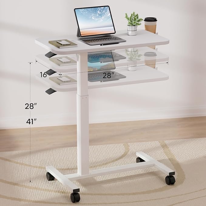 GTPLAYER Small Standing Desk with Wheels, Pneumatic Mobile Rolling Laptop Desk, Adjustable Height Overbed Bedside Table Computer Workstation for Home Office (28" W x 16" D, White) - Image 3