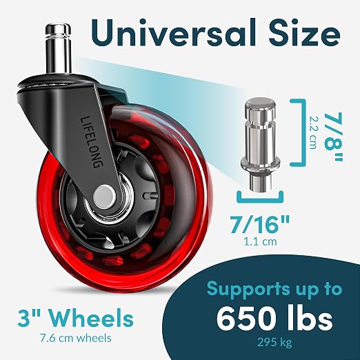 Lifelong Office Chair Wheels Replacement, Heavy Duty, Red, 5-Pack Fits 98% | Original Rubber Caster, Desk Wheels, Smooth & Quiet, Safe for Hardwood Floors & Carpet, Replace Office Chair Mats - Image 4