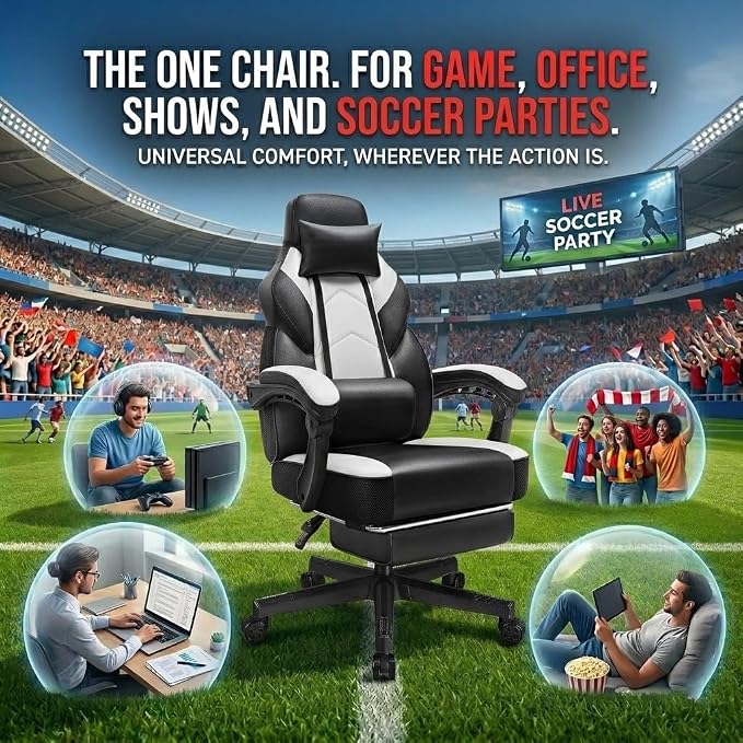 Big and Tall Gaming Chair for Adults, Heavy Duty Computer Chair with Footrest, Video Game Chair, Massage Lumbar Support, Wide Seat High Back Reclining Desk Chair, White - Image 8
