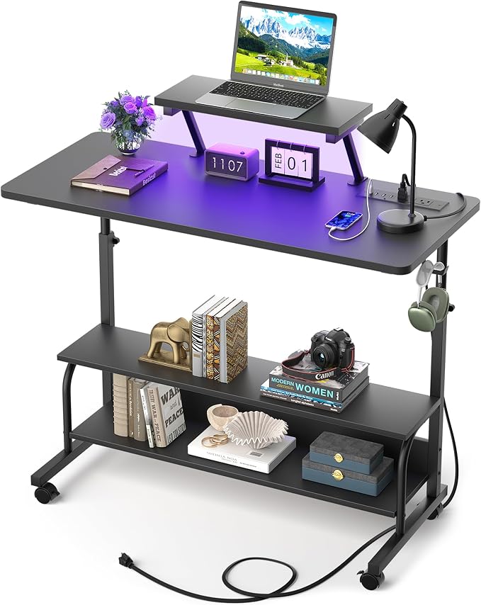 Height Adjustable Standing Desk with Power Outlets and LED Lights - 39" Manual Stand Up Desk with Monitor Stand and Storage Shelves Small Mobile Rolling Computer Desk Portable Laptop Table, Black by Besiost